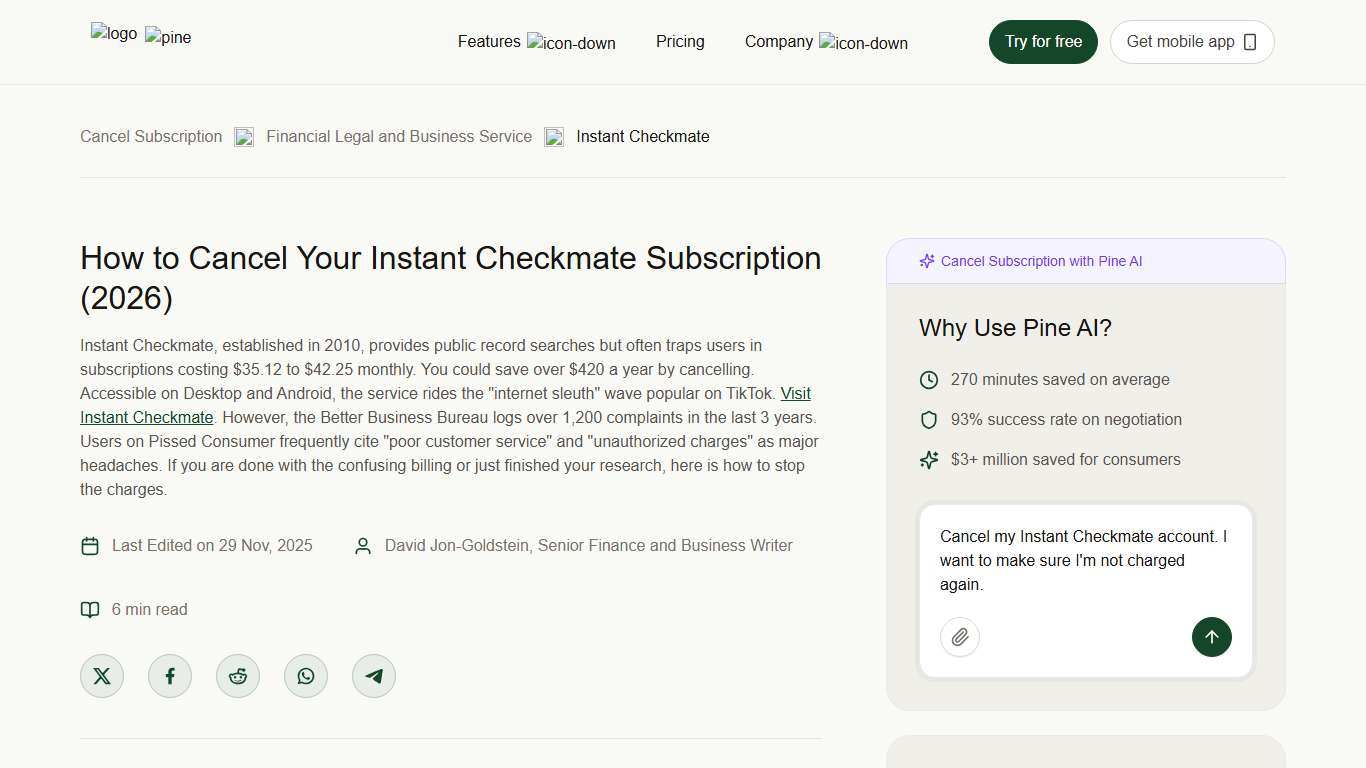 How to Cancel Your Instant Checkmate Subscription (2026) | Pine AI
